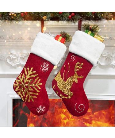 Belupai 17.3 Embroidered Velvet Christmas Stocking | Red Classic Holiday Gift Bag with Reindeer/Snow Design | Perfect for Fireplace Decor - Buy Online on GoSupps.com