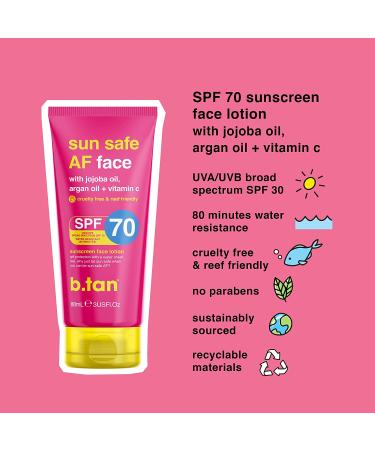 b.tan SPF 70 Face Sunscreen | Sun Safe AF Facial Lotion - Hydrating & Silky with Vitamin C, Jojoba, and Argan Oil - Reef Friendly & Vegan - 3 Fl Oz - Buy Online on GoSupps.com