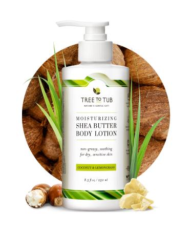 Tree to Tub Cocoa Butter Lotion for Sensitive Skin - Moisturizing Shea Butter Lotion for Extremely Dry Skin for Women & Men - Lemongrass & Coconut Body Cream w/Organic Aloe Vera  Colloidal Oatmeal Lemongrass 8.50 Fl Oz (...