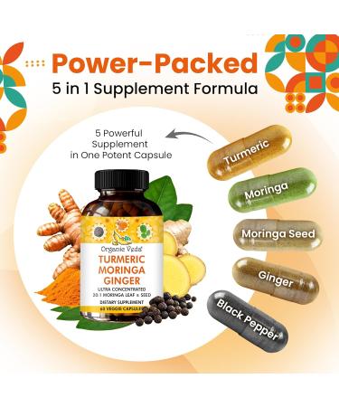 Organic Veda Turmeric Moringa Ginger Capsules - Super Antioxidants & Curcumin Supplement with 20:1 Moringa Leaf & Seed Extract Black Pepper - Energy Joints Heart Health Support - 60 Vegan Pills - Buy Online on GoSupps.com