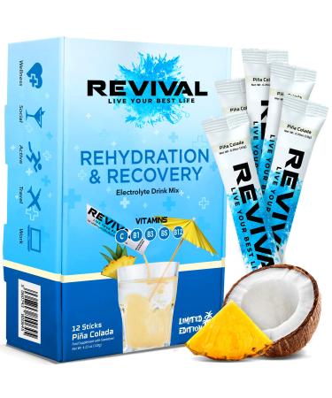 Revival Rapid Rehydration Electrolytes Powder - High Strength Vitamin C B1 B3 B5 B12 Supplement Sachet Drink Effervescent Electrolyte Hydration Tablets - 12 Pack Pina Colada 12 Servings (Pack of 1) Pina Colada