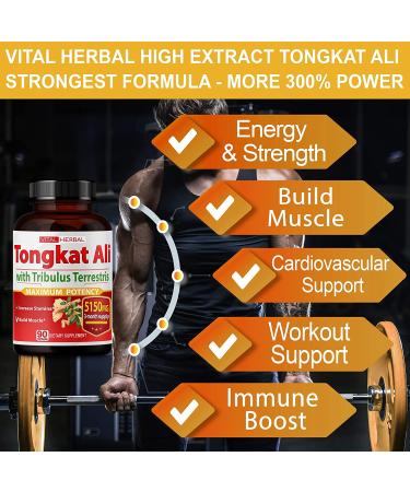 Ultra Tongkat Ali Extract Capsules 5150mg Equivalent - Maximum Strength with Ashwagandha, Tribulus Terrestris, Ginseng & Horny Goat Weed - Energy Boost & Muscle Building for Men & Women - 90 Days Supply - Buy Online on GoSupps.com