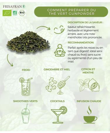 FRISAFRAN | Th Vert Menthe Gunpowder Bio Vrac 100g | Antioxydant | th vert japonais | Digestif | bonne sant | boisson rafra chissante | Infusion de Menthe | pur | Feuilles de menthe | chaud-froid Gundpowder 100g - Buy Online on GoSupps.com