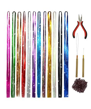 Hair Tinsel Strands Kit - 2400 Glitter Hairpieces in 12 Colors | 47 Inch Hair Extension Tools for Parties & Events - Buy Online on GoSupps.com