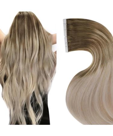 Laavoo real hair tape extensions real hair balayage blonde extensions real hair tape in ombre light brown ashblond platinum blonde hair extensions real hair tape 40cm 20pcs 50g #8/18/60 40cm-20PCs 2.6/60