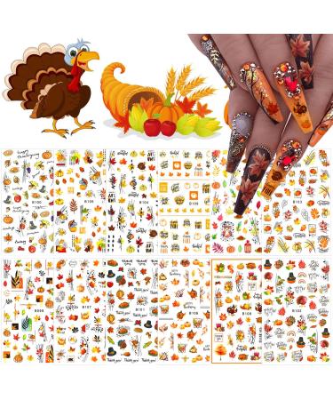 12 Sheets Fall Nail Art Stickers 3D Autumn Leaves Nail Decals Self-Adhesive Thanksgiving Nail Art Accessories Foils Maple Leaf Pumpkin Turkey Nail Designs for Women Girls DIY Manicure Decoration A2