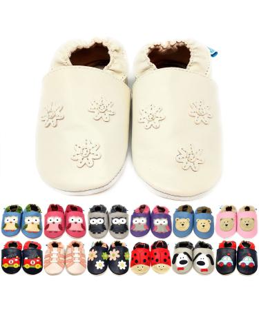 MiniFeet Premium Soft Leather Baby Shoes - BUY 4 PAIRS & GET 1 OF THEM FOR FREE ! - Toddler Shoes - 0-6 Months to 4-5 Years 12-18 Months Cream Daisies