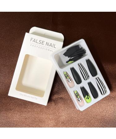 24Pcs Halloween Coffin Fake Nails - Black & White Stripes with Ghost Design | Glossy Stick on Acrylic Nails for Women & Girls - Buy Online on GoSupps.com