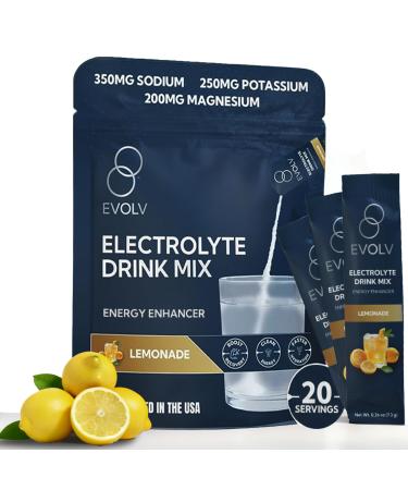 EVOLV Electrolytes Powder Packets Electrolyte Packets with Palatinose, Sodium & Minerals Instant Hydration Drink for Recovery, Non-GMO Hydration Sticks for On-The-Go Use (Pack of 20) - Lemonade