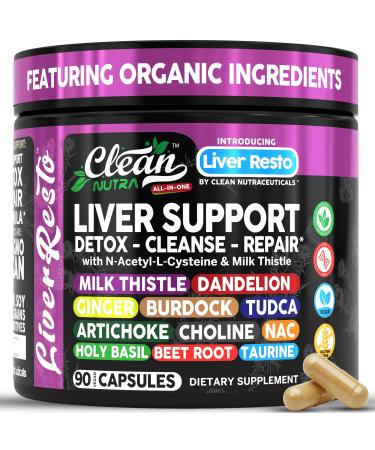 Clean Nutraceuticals Liver Cleanse Detox & Repair | Milk Thistle Supplement + NAC TUDCA Dandelion Root Artichoke Choline Ginger Beet Root Burdock Taurine Liver Support 90 Capsules