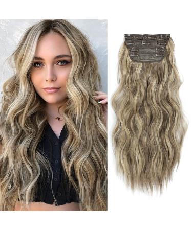 Clip in Hair Extensions 4Pcs Thick Full Head Light Ash Blonde with Lowlights 20Inch Hair Extensions Clip in Curly Wavy Synthetic Hair Extension