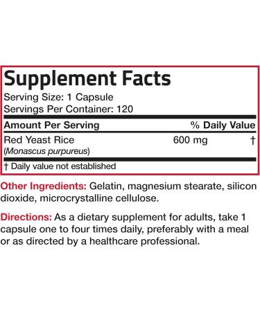 Bronson Red Yeast Rice 600 MG Monascus Purpureus Herbal Health, Non-GMO, 120 Capsules 120 Count (Pack of 1) - Buy Online on GoSupps.com