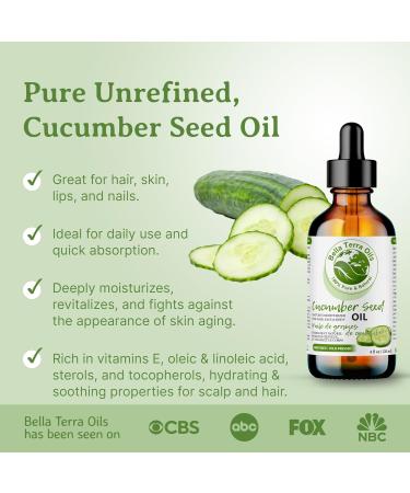 Cucumber Seed Oil. 120ml. 100% Pure. Cold-pressed. Unrefined. Organic. Carrier Base Oil. Chemical-free. Promotes Skin Hydration. Lightweight. Natural Moisturizer for Hair Skin Nails Stretch Marks. Bella Terra Oils. 120 ml (Pack of 1) - Buy Online on GoSupps.com