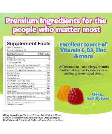 Kids Daily Multivitamin - Healthy Snacks For Kids No Sugar No Dyes Monk Fruit Sweetened Vegan Gluten-Free- 100% Daily Value of Vitamins C D3 Zinc 30 Travel Lunch Packs of Sugar Free Gummies - Buy Online on GoSupps.com