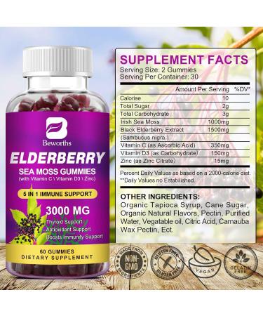 Organic Elderberry & Sea Moss Gummies with Zinc, Vitamin C & D3 - Immune & Thyroid Support - Vegan - 120 Count (Pack of 2) - Buy Online on GoSupps.com