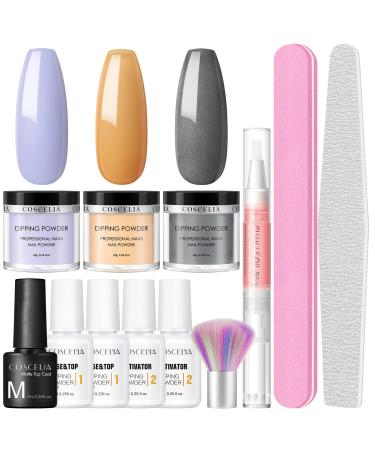COSCELIA 3 Colors Dipping Powder Kit with Base Top Coat Matte Top Coat Activator Manicure Kits for Nail Lovers