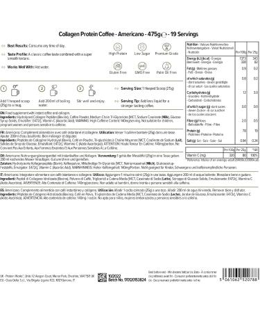 Protein Works - Collagen Protein Coffee Bovine Collagen Powder Premium Hydrolyzed Collagen Powder Americano 475g 19 Servs - Buy Online on GoSupps.com