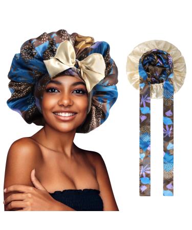 WEIPAO Silk Satin Bonnet - Silk Hair Wrap for Sleeping Satin Bonnet for Curly Hair Sleep Cap Large Double Sided Reversible Hair Bonnet with Tie Band One Size Leaf Print Brown+Champagne