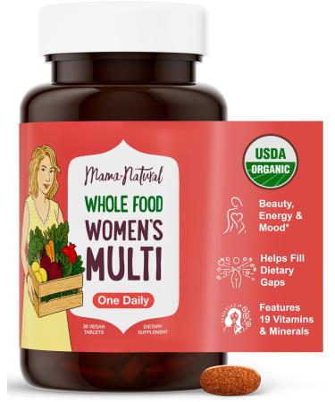 Mama Natural Organic Women's Multivitamin Whole Food Based 1 A Day Vegan Tablet USDA Organic Non-GMO Clean Label Multivitamin for Women 30 Day Supply with Iron & Methylated B12