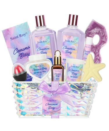 Cinnamon Berry Spa Gift Set for Women  11Pcs Relaxing Bath and Body Gift Sets  Birthday Gifts with Bubble Bath  Body Oil  Candle  Bath Soak Powder  Lip Stick  Gel Eyemask  Home Spa Gift Basket
