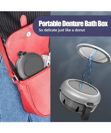 Denture Bath Case Kit with Cleaner Brush - Leakproof Portable Retainer Case for Travel with Strainer & Mirror - Grey - Buy Online on GoSupps.com