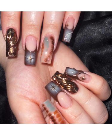 BABALAL Square Press on Nails Long Fake Nails French Tip Glue on Nails Brown Chrome Acrylic Nails 3d Water Wave Design Squoval Stick on False Nails 24Pcs Y2k Manicure Nails for Women and Girls FNP21brown