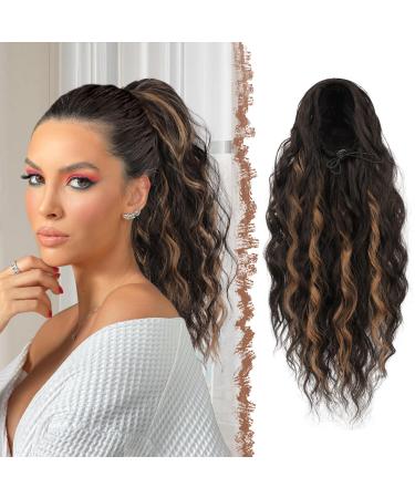 Feshfen ponytail hair part with cord long waves braid extension hair extensions synthetic wavy hair extension clip in ponytail for women 45 cm black & caramel brown