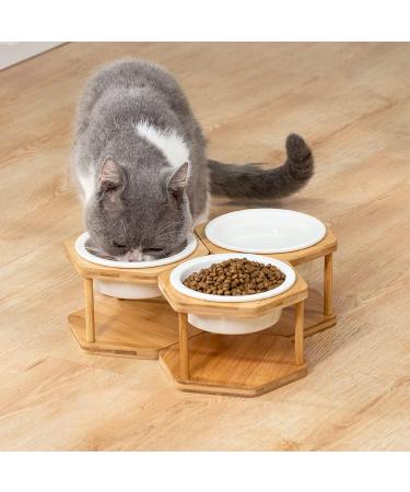 Lusifaco Set of 3 Single Elevated Cat Bowls with Bamboo Stand - 13 oz Ceramic Raised Food Water Dishes for Cats and Small Dogs - Buy Online on GoSupps.com