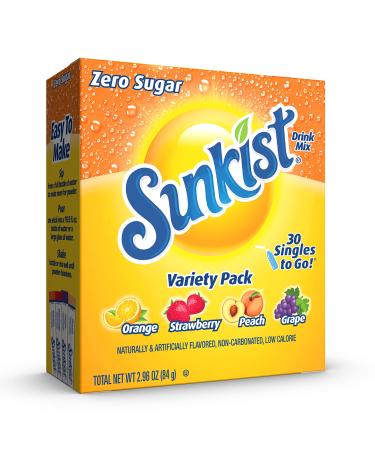 Sunkist Soda Variety Pack, Singles To Go Orange, Strawberry, Grape and Peach (30 Total Sticks) Variety-30ct