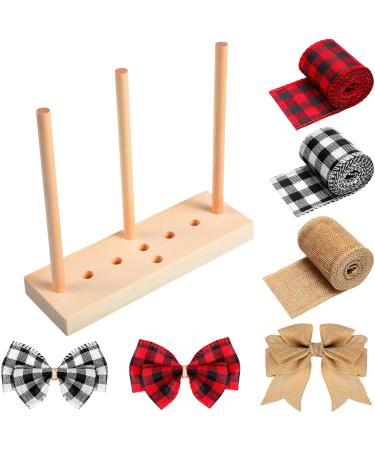 Wooden Ribbon Bow Maker with 3 Rolls Wired Burlap Craft Ribbons for Christmas Bows Holiday Wreaths Crafts Decoration