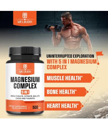 5in1 Magnesium Complex Supplement with 20% Purified - 500mg of Magnesium Bisglycinate Citrate & More for Muscle Relaxation Mood Bone Health & More - 90 Capsules - Buy Online on GoSupps.com