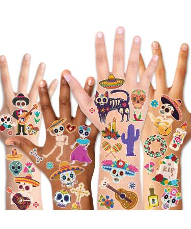 Konsait 125pcs Mexican Day Of The Dead Temporary Tattoos  Halloween Transfers Tattoo for Women Men Adult Kids Cinco de Mayo Celebration Halloween Festival Carnival Party Favor Supplies
