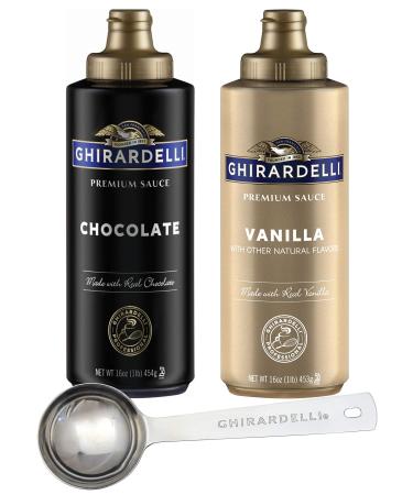Ghirardelli Chocolate Sauce and Vanilla Sauce, 16 Ounce Squeeze Bottles (Set of 2) with Ghirardelli Stamped Barista Spoon