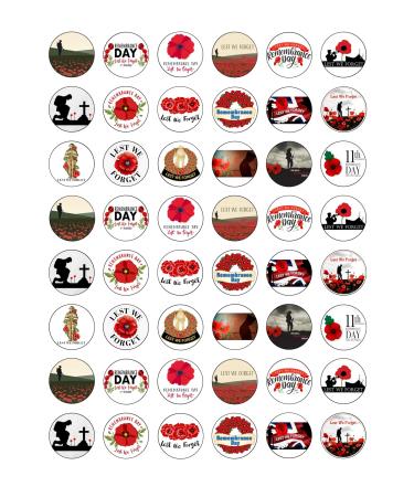 48 Remembrance Day Poppy Fundraising Themed Edible Wafer Paper Cake Toppers Decorations - 2.5cm circles