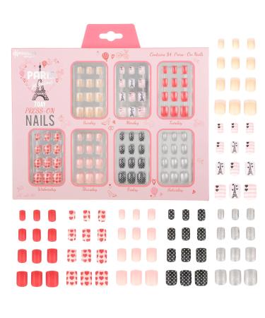 Expressions Girls 7-Day Press On Nails Set | Assorted Colors Nail Accessories for Kids - 84PC Press On Nail Set  Day-Of-The-Week Adhesive False Nails for Girls (PARIS JE T'AIME Collection)   Colorful Novelty Designs Stic...
