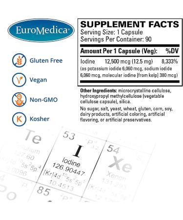 EuroMedica Tri-Iodine 12.5mg Capsules - Potassium, Sodium & Molecular Iodine Blend - Supports Thyroid & Immune Health - 90 Servings - Buy Online on GoSupps.com