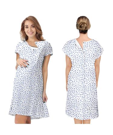 AMZ Medical Supply Hospital Gowns for Women Pack of 3 X-Small White Patient Gowns with Bird Print Short Sleeves Front and Back Snaps Soft Cotton Patient Gown Convenient Labor and Delivery Gowns X-small / 3 Pack