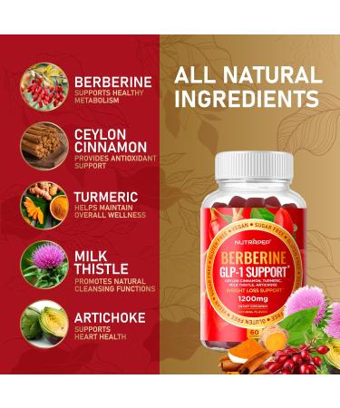 Premium Berberine HCl GLP-1 Support Weight Loss Gummies (1200mg) with Ceylon Cinnamon Turmeric Milk Thistle Artichoke - Sugar Free Gluten Free High Potency GLP1 Support Supplement 60 Count (Pack of 1) - Buy Online on GoSupps.com