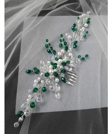 Anglacesmade Bridal Emerald Hair Vine with Comb Green Crystal and Pearl Hair Comb Boho Wedding Hair Accessories for Women and Girls