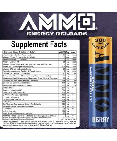 Ammo Pre Workout Berry 12Pack Single Serve Powder On The Go - Extra Strength 300mg Caffeine Zero Sugar All Natural Energy Reloads - Buy Online on GoSupps.com