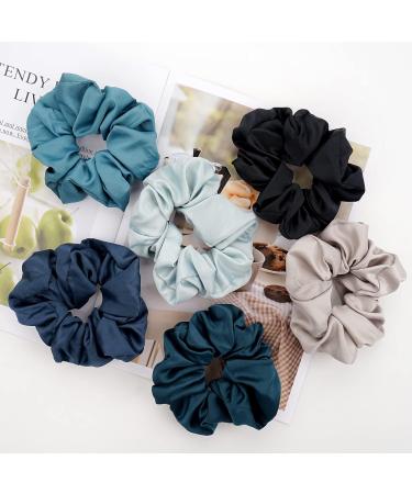 Elegant Blue Satin Scrunchies 6 Pack for Thick Hair - Large Faux Silk Hair Ties for Curly and Straight Hair - Buy Online on GoSupps.com