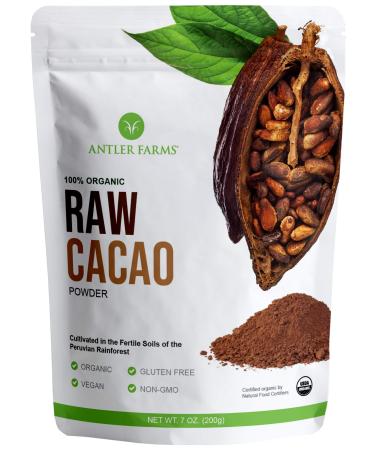 Antler Farms - 100% Pure Organic Raw Cacao Powder, 40 Servings, 200g - Vegan, Gluten Free, Cultivated Naturally in Amazon Rainforest, Certified USDA Organic
