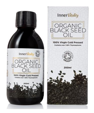 Organic Black Seed Oil Cold Pressed - 200ml High Strength 3X% - Certified Pure Virgin Oil in a Glass Bottle Rich in Omega 3 6 & 9 by Inner Vitality 200 ml (Pack of 1)