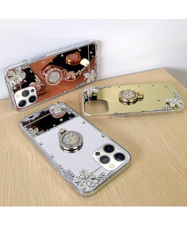 Omorro iPhone 13 Mini Makeup Mirror Case - Luxury Bling Glitter Rhinestone with Diamond Ring Stand - Cute Girly Silver Case for Women & Girls - Buy Online on GoSupps.com