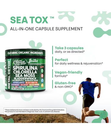 Sea Tox Organic Spirulina and Chlorella Capsules Natural Cleansing & Nourishment Sea Moss Bladderwrack Chlorophyll Burdock Root Ashwagandha Turmeric 90 Vegan Black Seed Oil Capsules by Clean Nutra - Buy Online on GoSupps.com