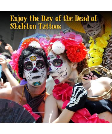 Day of the Dead Face Tattoos - 10 Sheet Halloween Temporary Tattoo Kit with Sugar Skull Design and Glitter Red Roses for Face and Body Makeup - Buy Online on GoSupps.com