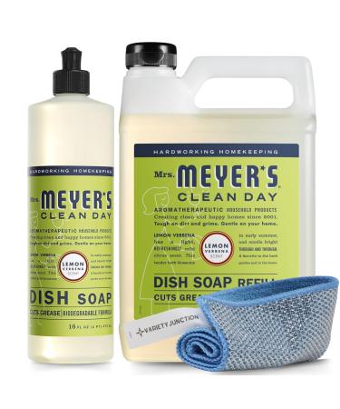 Mrs. Meyer's Lemon Verbena Dish Soap Set - 16oz Bottle 48oz Refill and Dual-Sided Microfiber & Scrubbing Towel