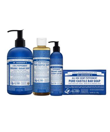 Dr. Bronner's - 4 Piece Peppermint Gift Set - (1) 12 Ounce Sugar Soap (1) 8 Ounce Pure-Castile Liquid Soap (1) 8 Ounce Lotion and (1) 5 Ounce Bar Soap