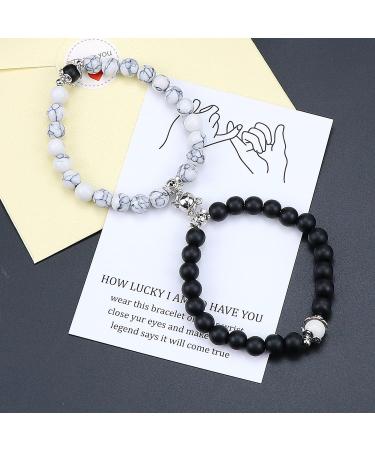 Luokifur Heart Magnetic Tar Bound Bracelets for Couples - Adjustable Pearl & Matt Stone Friendship Gifts in Black & White - Buy Online on GoSupps.com