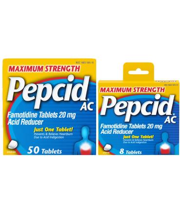Pepcid AC Maximum Strength Heartburn Relief Tablets 20mg Famotidine Acid Reducer Fast-Acting OTC Medicine Prevents & Relieves Heartburn Due to Acid Indigestion 8-Count Travel Pack & 50-Count Bottle